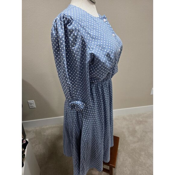 Vintage Blue Polka Dot Dress With Puff Sleeves Bow Accents & Button Front Size 1 - Picture 3 of 9